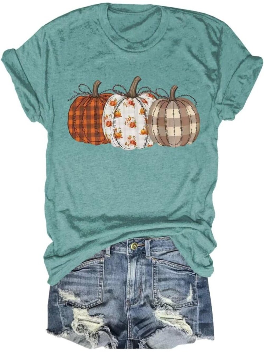 🆕 Womens Teal Green Pumpkin Graphic Tee Fall Short Sleeve Casual T Shirt